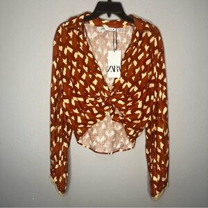 Zara Linen Crop Blouse Knot Tie Women Medium Beaded Cuff Casual Classy‎ NWT